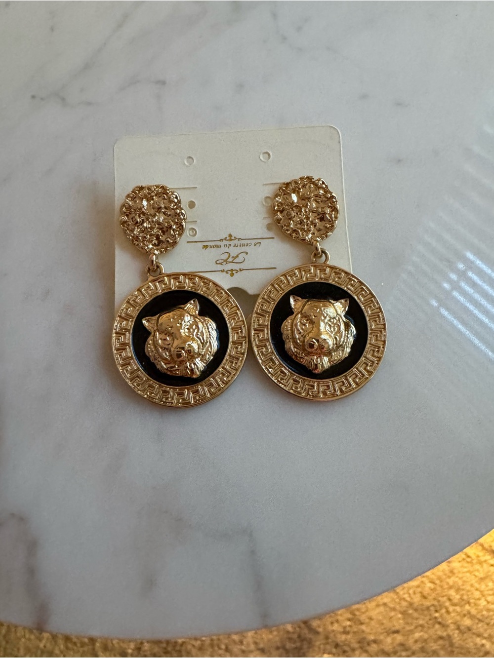 Gold & Black Lion Medallion Drop Earrings